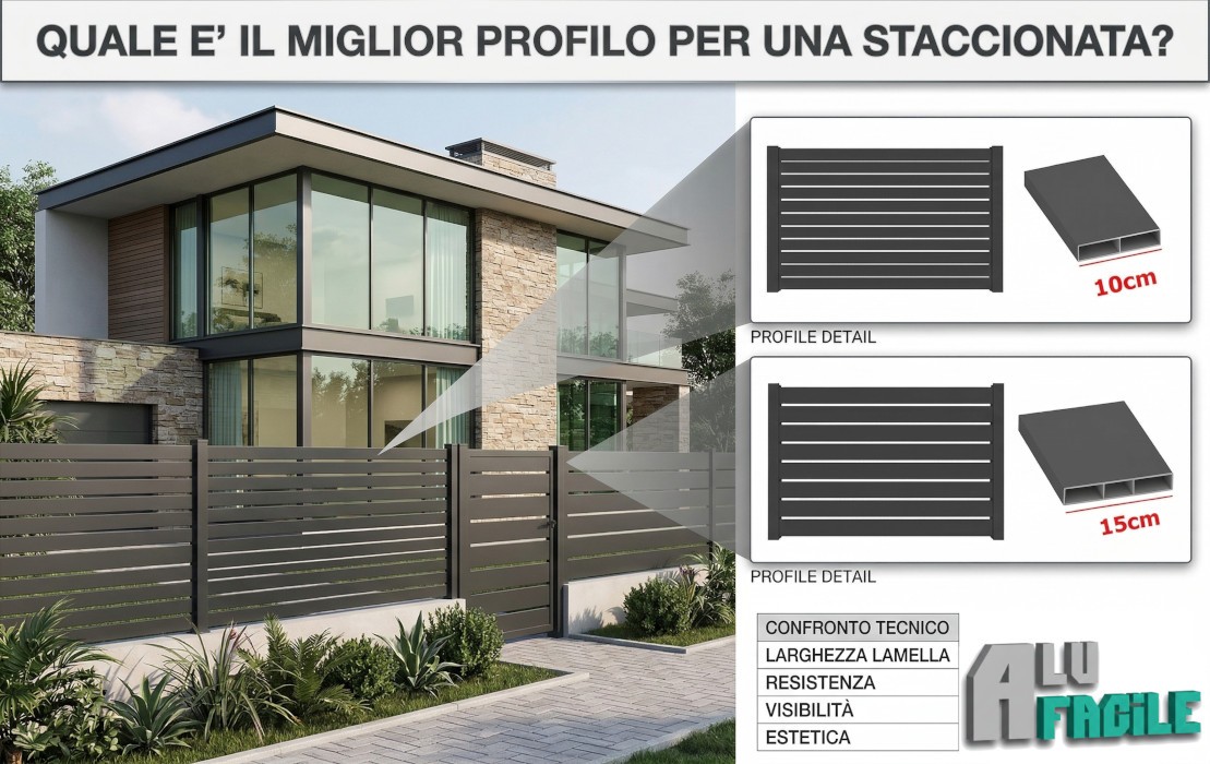 Staccionata in alluminio: profilo da 10 cm o 15 cm con distanziamento variabile